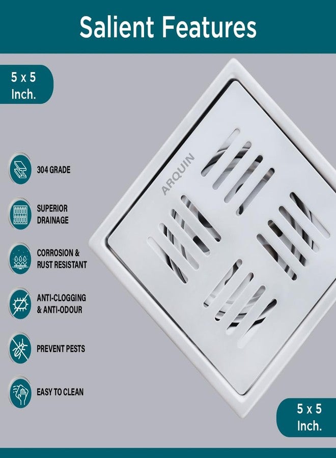 ARQUIN مصفاة أرضية للحمام من أركوين، 5×5 بوصة | مصفاة أرضية مربعة الشكل | مصنوعة من الفولاذ المقاوم للصدأ 304 | شبكة تصريف مزودة بمصيدة للصراصير، بلمسة نهائية غير لامعة | شبكة تصريف مياه الصرف الصحي للمطبخ، 1 مم - Image 5